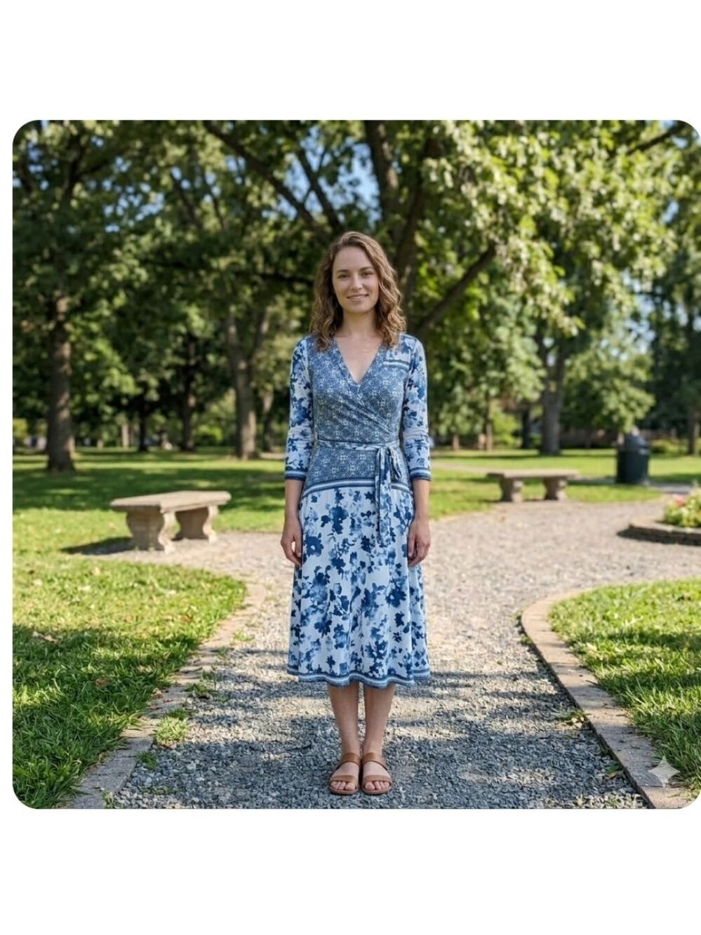 Floral Wrap Dress Blue and White Asymmetrical Print Size Small